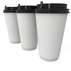 Disposable coffee cups. Blank paper mug. 3d render isolated on white background