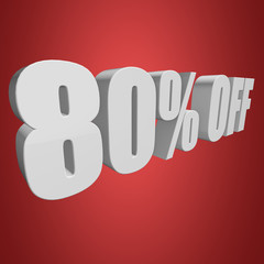 80 percent off letters on red background. 3d render isolated.