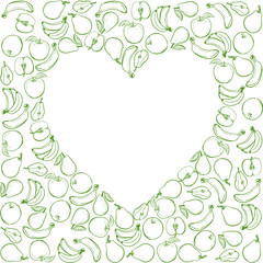 On a white background heart. Fruit. Lots of fruit and a free center. Vector graphics.