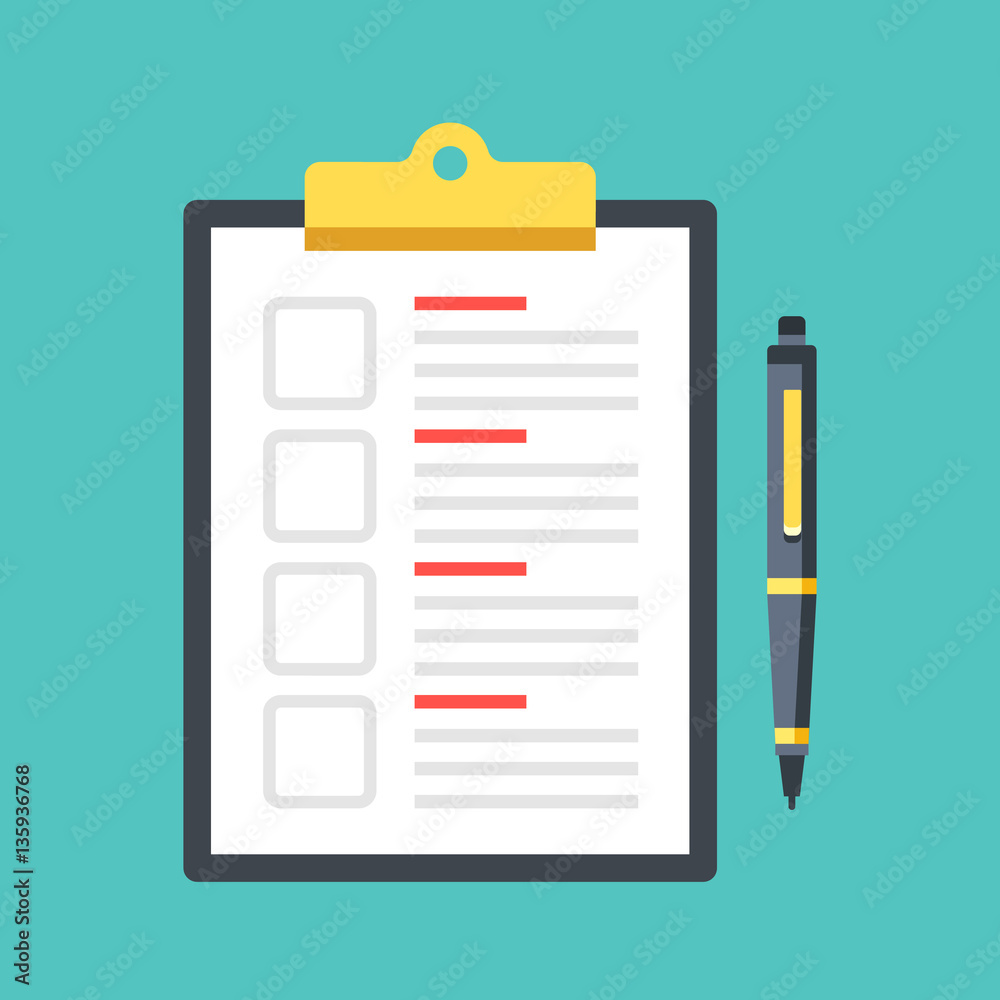 Poster checklist with checkboxes and pen. clipboard with document and check boxes. top view. premium qualit