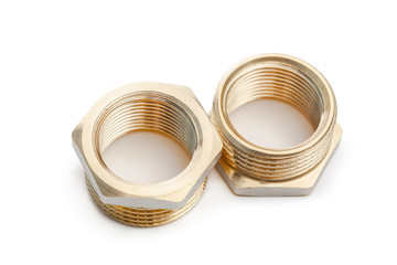 Set of metal-plastic plumbing couplings, adapters, plugs isolated on white background