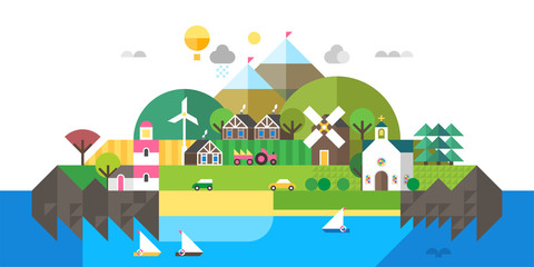 Fototapeta na wymiar Postcard for tourism sign icon. Vector illustration of the island with a lighthouse. Mountaine landscape