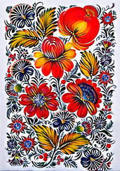 Petrikovka`s painting. Colorful painting flower with leaves. Traditional Ukrainian painting.
