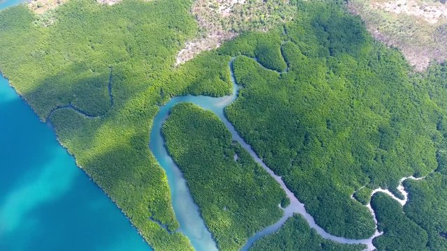 Top view aerial video of estuaries and strait on Ko Lanta island, Thailand, 4k
