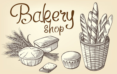 Fresh Bakery vector hand drawn set illustration in graphic style