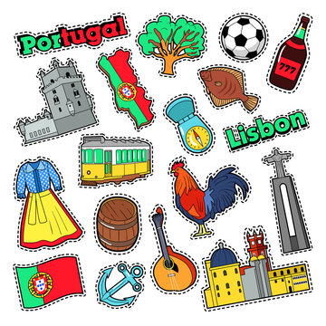 Portugal Travel Elements with Architecture for Badges, Stickers, Prints. Vector Doodle