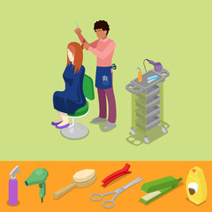 Hair Beauty Salon Barber Makes Girl Hairstyle Isometric Concept. Vector 3d flat illustration