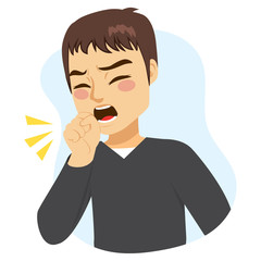Illustration of young man coughing with fist in front of mouth