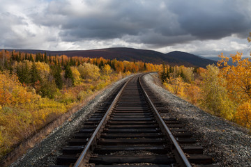 Fototapeta na wymiar Rail and surroundings in autumn colors. Polar Urals. Russia.