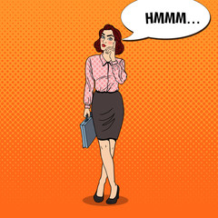 Pop Art Doubtfull Business Woman with Briefcase. Vector illustration