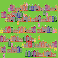 Colorful houses. Cartoon cityscape. Vector illustration on green background