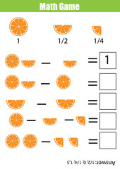 Math educational counting game for children, subtraction worksheet. Learning fractions, half, quarters