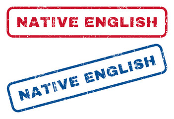 Native English text rubber seal stamp watermarks. Vector style is blue and red ink caption inside rounded rectangular banner. Grunge design and dirty texture. Blue and red signs.