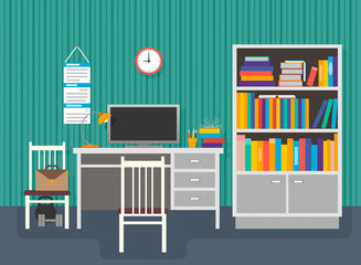Workplace of the student, vector. Flat design.