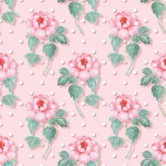 Behang Seamless pattern. Pink flowers. Polka dot background 3 © Gribanessa
