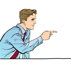 A man pointing a finger. A man explaining something. Speaking man. The man at the podium speaks. Handsome young businessman giving advice. Concept idea of advertisement and promo.