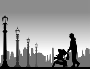 Father walking with his baby in a stroller on the street, one in the series of similar images silhouette