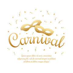 Gold lettering Carnival with masquerade masks on white background. Carnival invitation. Masquerade, party banner with space for text. Vector stock illustration. 