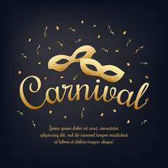 Gold lettering Carnival with masquerade masks on black night background. Carnival invitation. Masquerade, party banner with space for text. Vector stock illustration. 