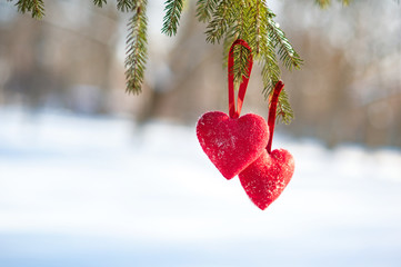 Two red hearts in the snow