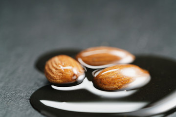 natural honey with almonds on slate background, closeup photo