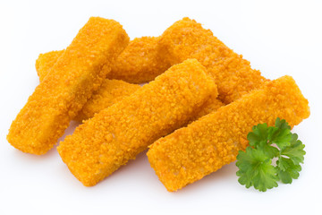 Fish fingers on the white background.