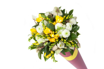 assortment of different flowers in a bouquet in a cone shape on a white background. Valentine's Day