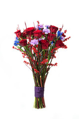 a bouquet of red roses and assorted flowers associated tape on white background. Valentine's Day