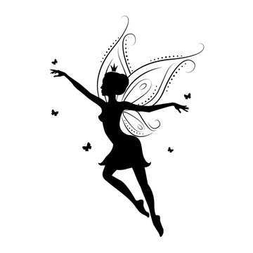 Silhouette of a fairy. Template fairy for cut of laser or engraved. Stencil for paper, plastic, wood, laser cut acrylic. Decoration for windows, wall and interior design. Vector illustration isolated.