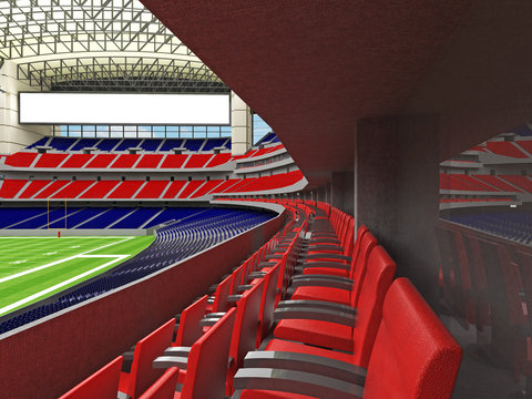 3D render of modern American football super bowl lookalike stadium with red and blue seats