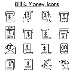 Bill & money icon set in thin line style