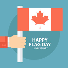 Fototapeta na wymiar Flag Day of Canada greeting card with hand holding Canadian flag. Flat design vector illustration.
