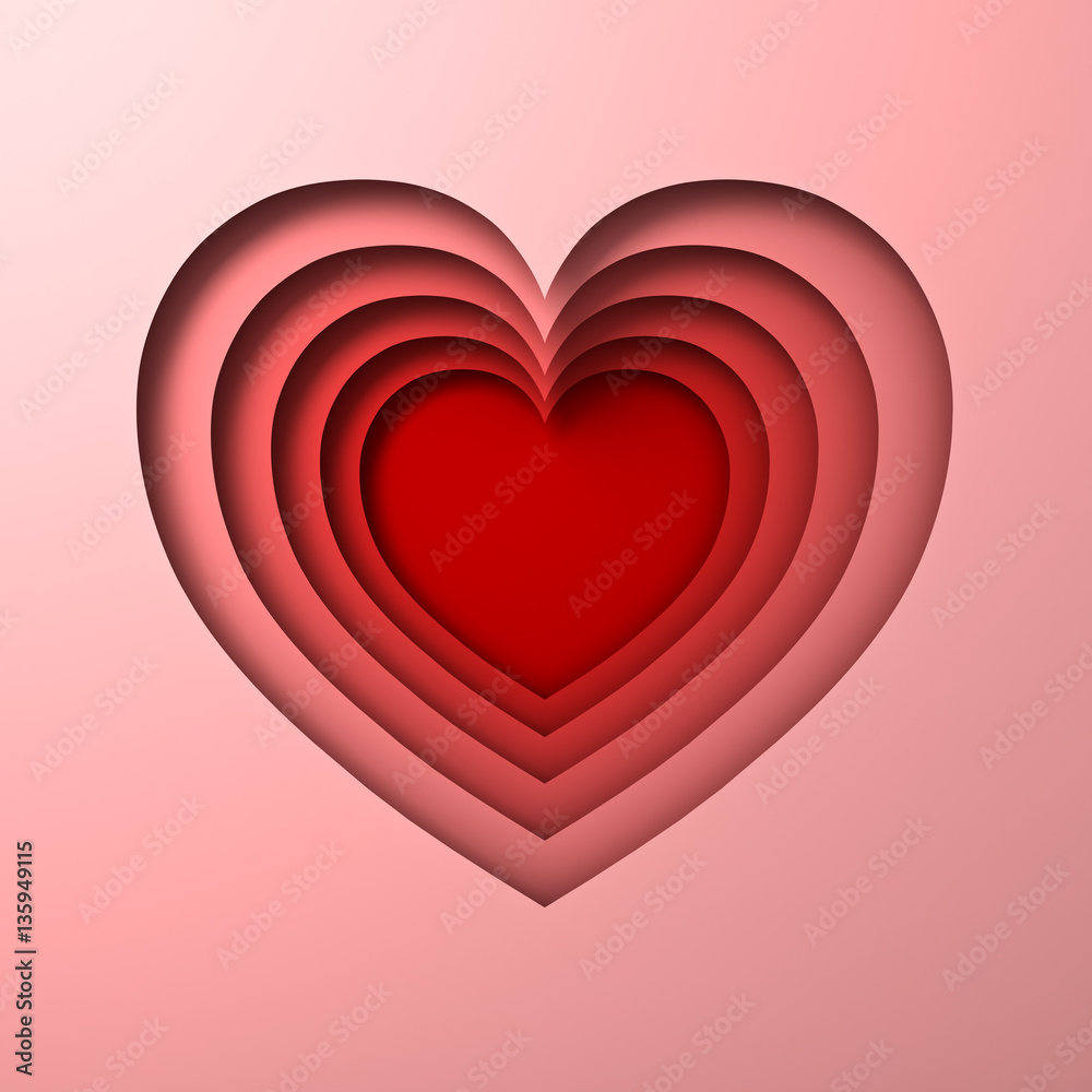 Aufkleber Red paper cut heart holes valentines day card background with shadow 3D rendering