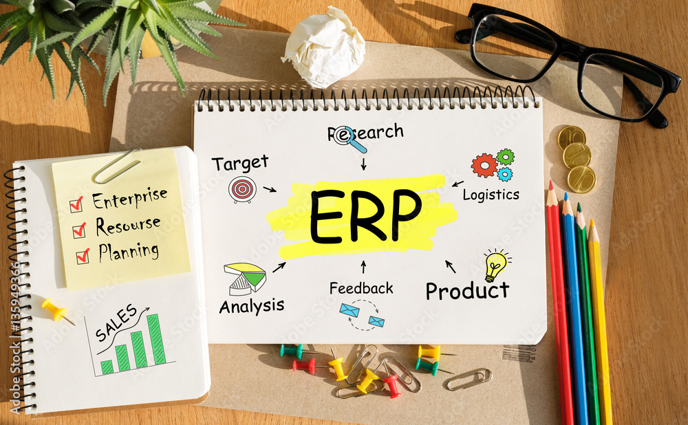 Poster notebook with toolls and notes about erp,concept