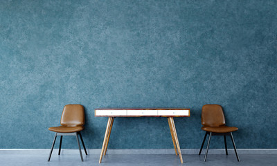 The interior design of  lounge chairs and blue texture wall