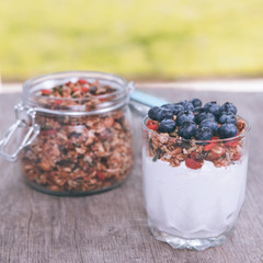 Breakfast in the garden: coconut yogurt topped with grain free  granola made with mixed nuts, seeds, raisins, with blueberries on the top, selective focus