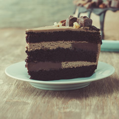 Piece of chocolate and pecan cake