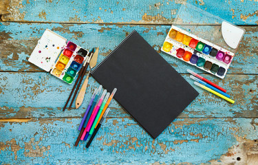 Painting set: brushes, paints, crayons, watercolor, black paper