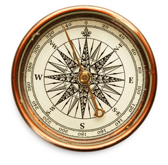 Vintage compass close up isolated on white background
