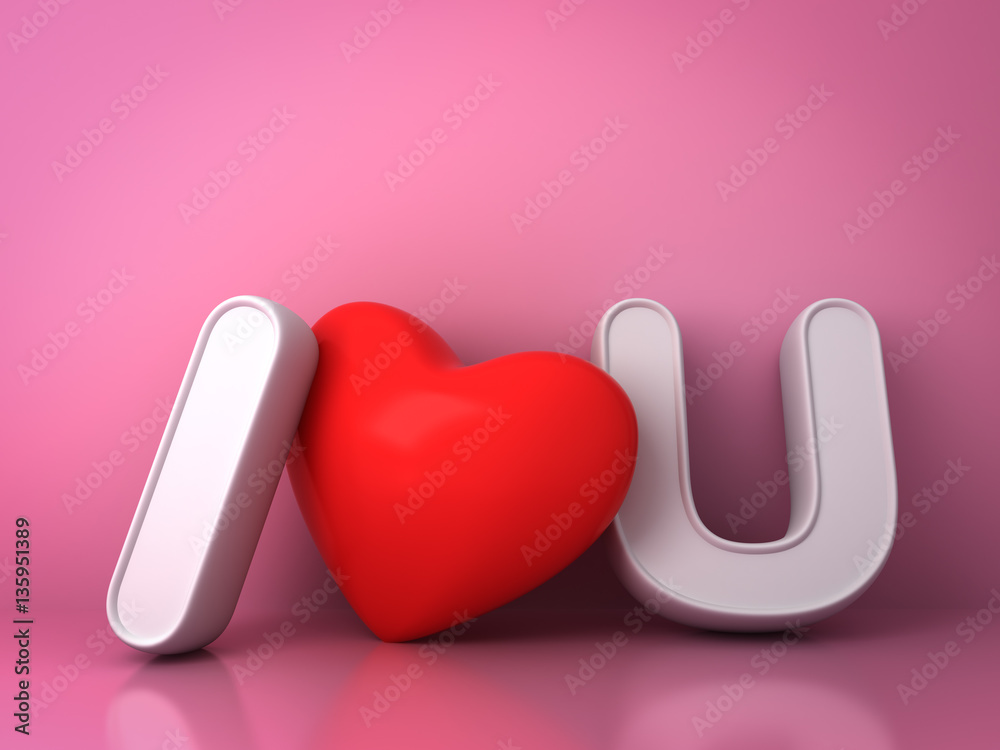 Poster 3d i love you concept with red heart on pink background with reflection, valentines day background 3
