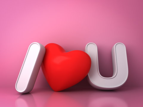 3d I love you concept with red heart on pink background with reflection, valentines day background 3D rendering