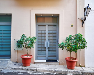 Fototapeta na wymiar modern house entrance with flowerpots, Athens Greece