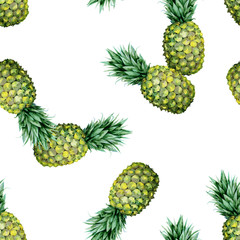 Seamless watercolor fruit illustration of pineapple. Pattern with tropic summertime motif may be used as background texture, wrapping paper, textile or wallpaper design. 