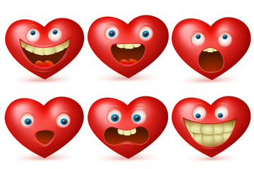 Funny cartoon red heart character emoji set