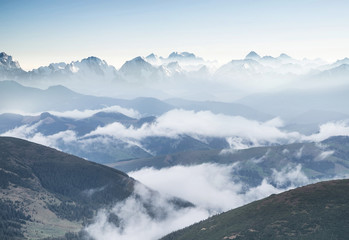 Mountain valley in mist. Natural landscape in the summer time.