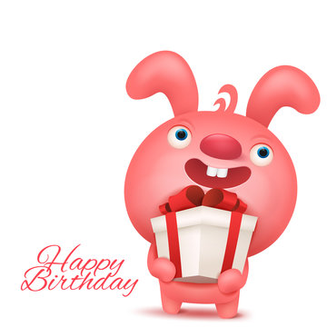 Pink funny emoji bunny with gift box