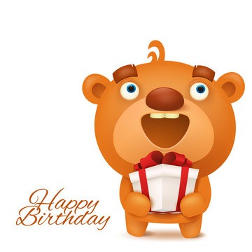 Brown funny emoji teddy bear with gift box