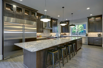 Modern kitchen with brown kitchen cabinets