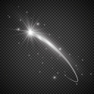 A bright comet with large dust. Falling Star. Glow light effect. Vector illustration.