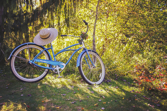  an old bike leaning beside a tree toned with a retro vintage instagram filter